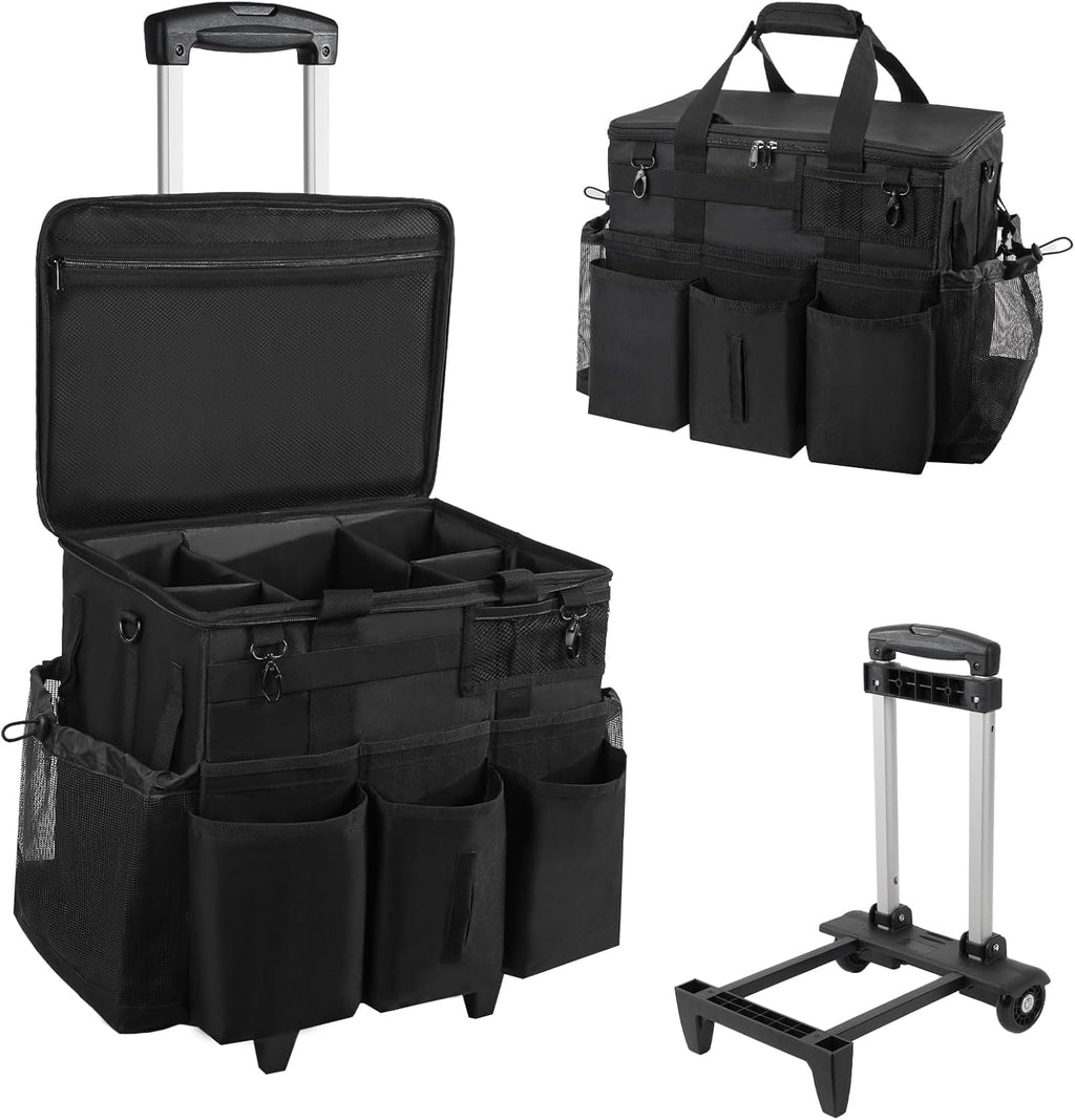Rolling Cleaning Caddy Bag with Detachable Trolley, Large Cleaning Supplies Organizer with Wheels, Multi Pocket Cleaning Cart with Adjustable Shoulder Strap for Housekeepers & Home Use, Black