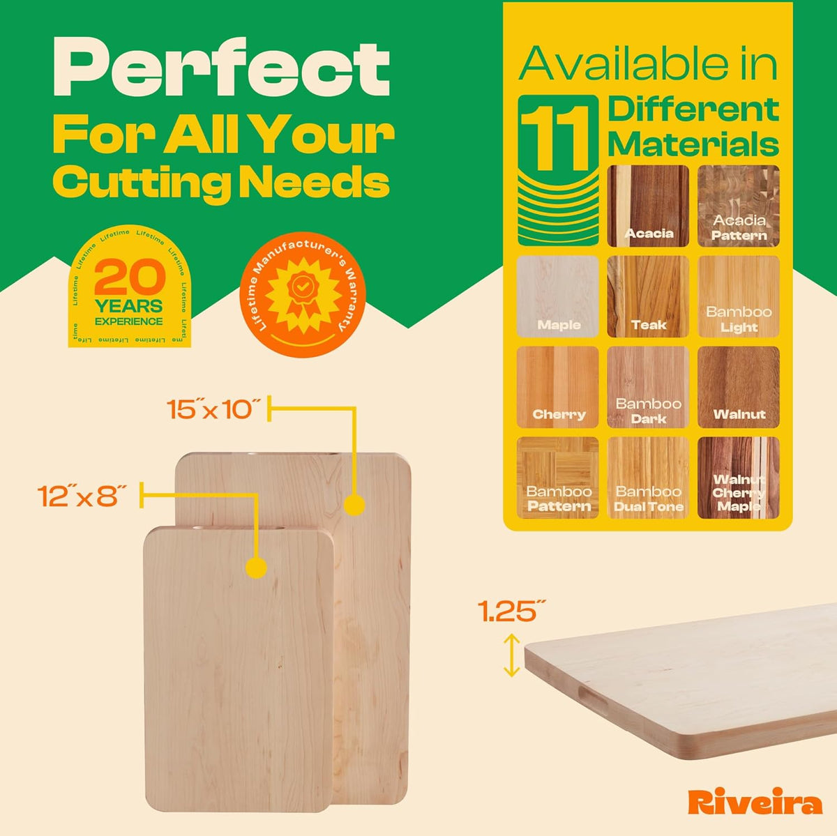 Riveira Maple Wood Cutting Board – Versatile and Durable: Set Of 2 Pcs Rectangular Wooden Cutting Board – Natural Wooden Cutting Boards For Kitchen – Complete Maple Wooden Chopping Board