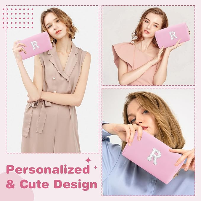 ChaoGreat Bride Gifts – Personalized Initial Makeup Bag with Pearl Rhinestone Patch, Preppy Pink Monogram Cosmetic/Toiletry Pouch, bridesmaid Gifts, Bridal Shower Gifts, Wedding Gifts, Bridal Gifts,R