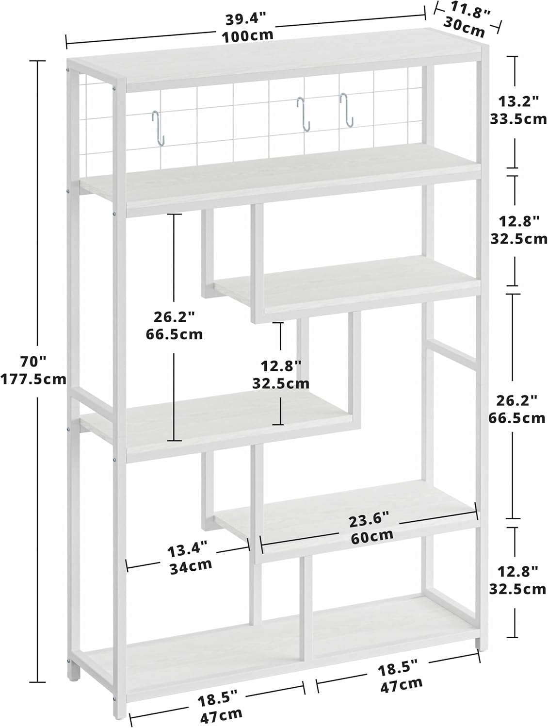 IRONCK Bookshelves and Bookcases 6-Shelf Etagere Bookcase, Industrial Open Display Shelves Geometric Bookcase with Sturdy Metal Frame，Industrial White