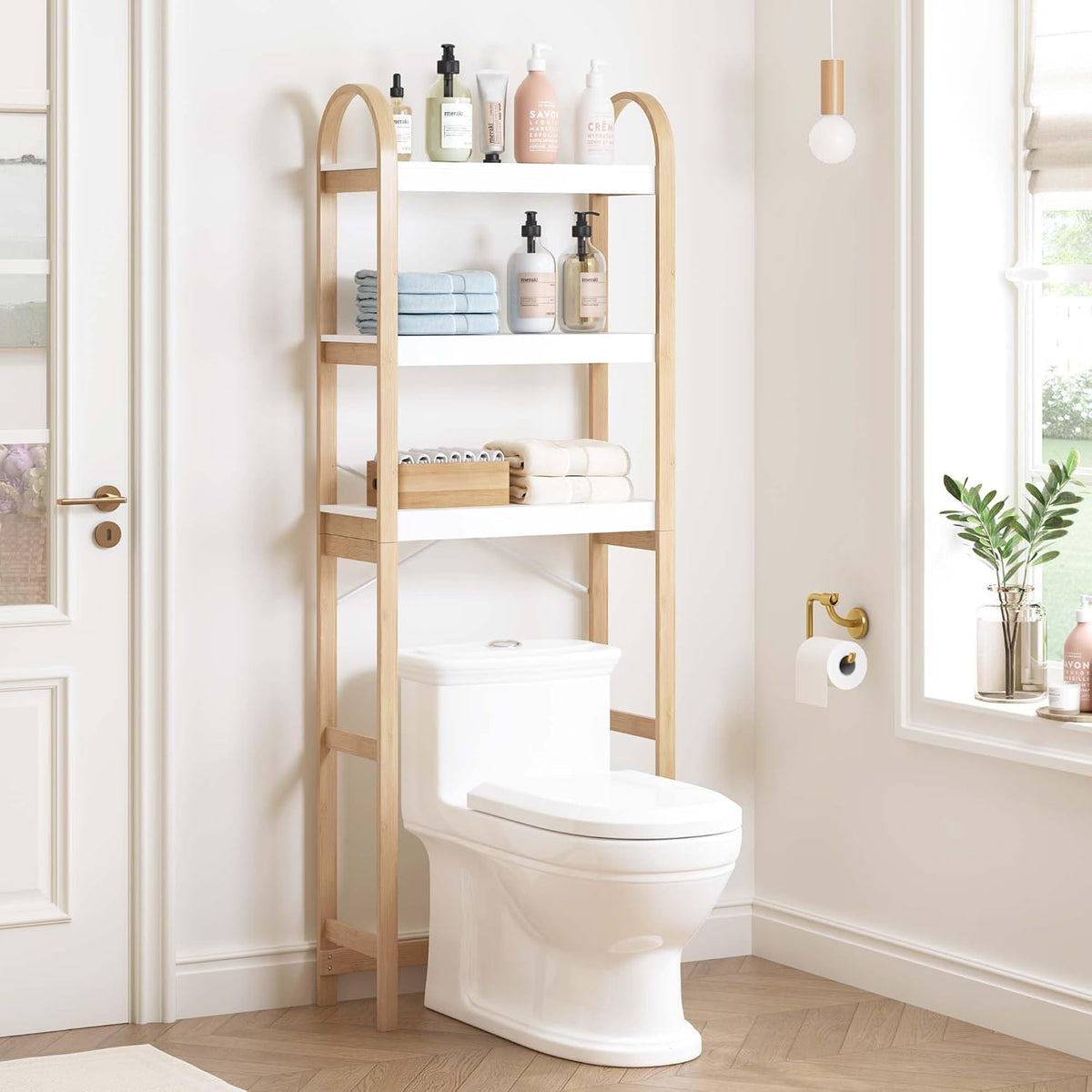 Spirich Over The Toilet Storage Shelf, 3-Tier Over Toilet Bathroom Organizer, Space-Saving Above Toilet Storage Shelf Rack with Bamboo Frame