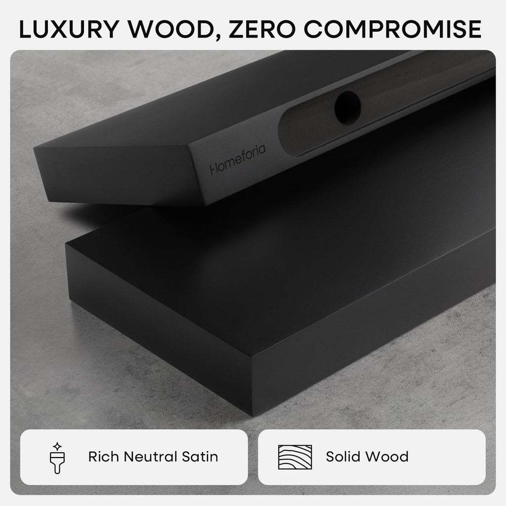 Homeforia Black Floating Shelf 48 inches, High End Solid Real Wood 48 inch Long Floating Shelves for Wall, Black Wooden 48inch Large Floating Shelves, Heavy Duty Bracket, 48 X 6.5 X 1.75 in, Set of 3