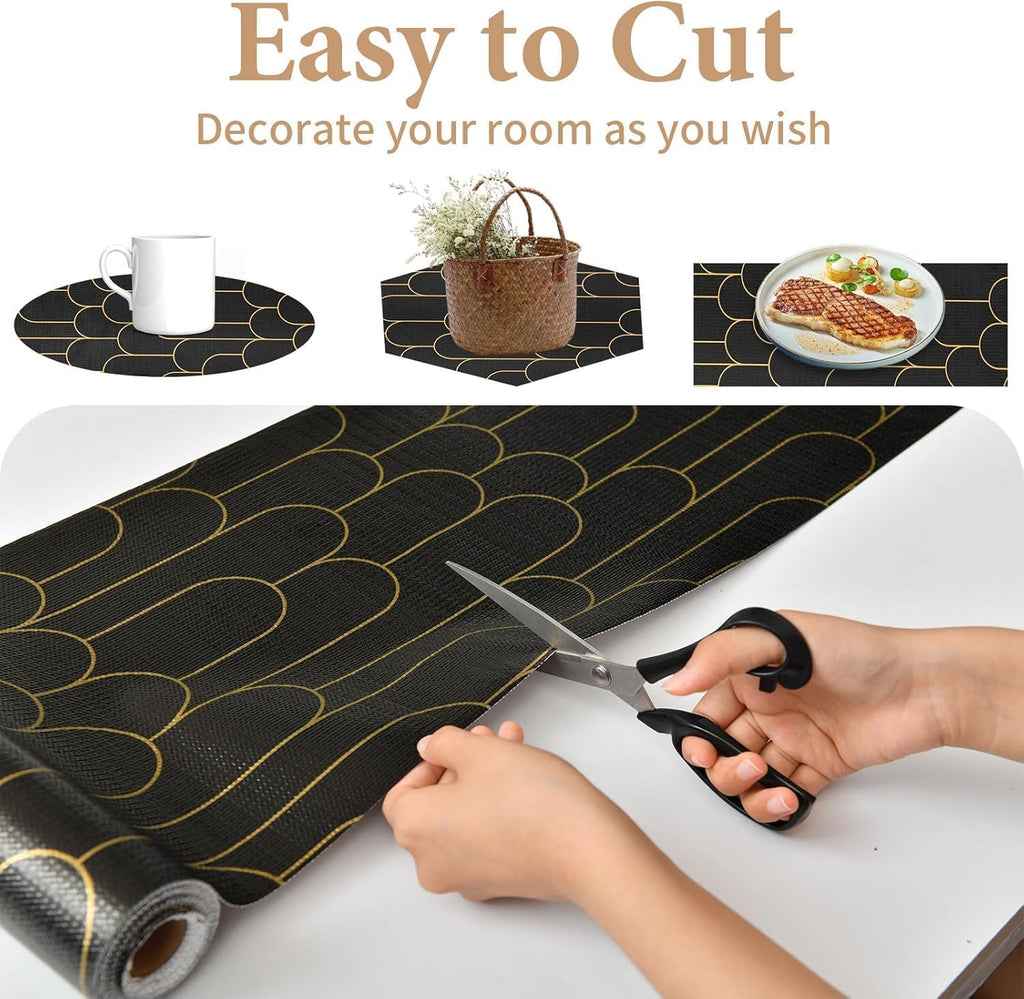 Shelf Liners for Kitchen Cabinets Drawer Liner 12in x 30FT Non Adhesive Black Gold Line Thickened Refrigerator Shelf Liner Paper Strong Easy to Clean for Tool Box with Knife and Tape Measure