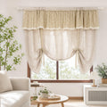 1 Panel Rod Pocket Tie Up Roman Curtain Khaki Gingham Lace Valance | Top Linen Blend Adjustable Lift Cafe Curtain, Light Filtering Privacy Short Window Curtain for Kitchen Farmhouse W55 x L63 in
