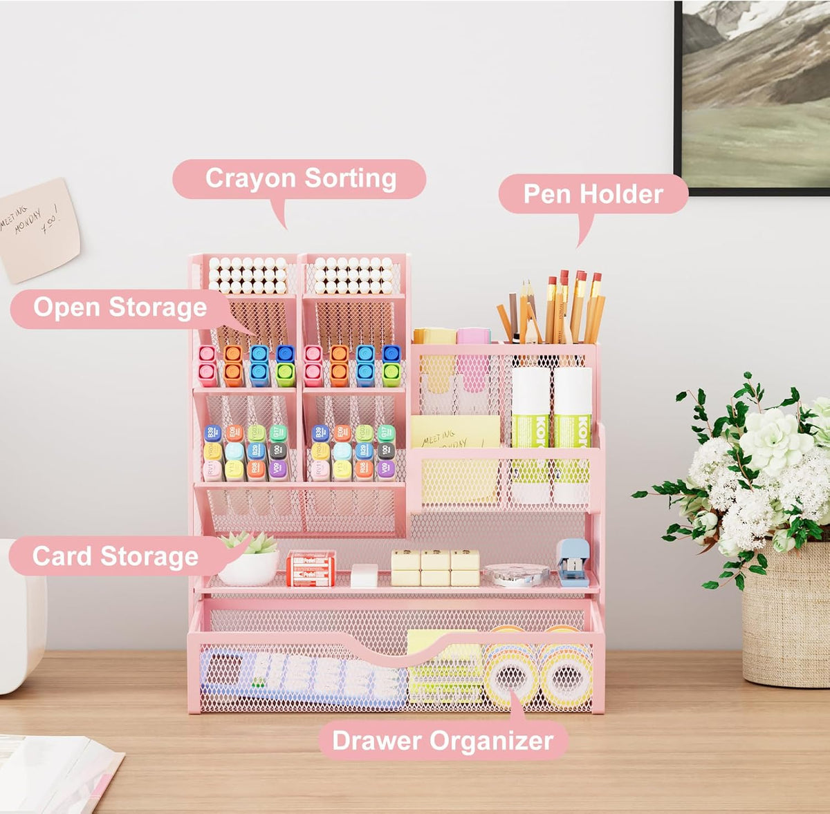 Marbrasse Mesh Desk Organizer with Drawer, Multi-Functional Pencil Organizer, 12 Compartments, Pink, Modern, Minimalist
