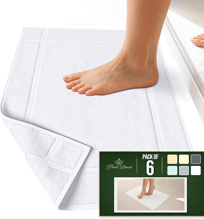 Pearl Linens Pack of 6 100% Cotton Bath Mat 20X30 inches, Soft & Absorbent Quick Dry Bathroom Mat Set, Not Bathroom Rugs, After Shower Mat, Bath Tub Mat, 687 GSM, Machine Washable, White