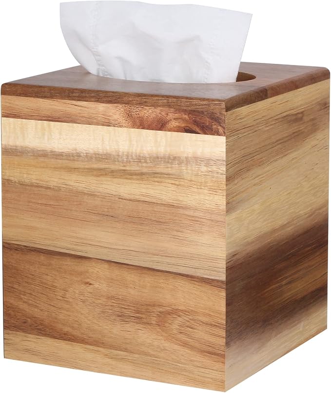 Reviaras Tissue Box Cover, Acacia Wood Square Tissue Box Holder with Slide-Out Bottom for Bathroom, Bedroom, Dinner Table, Office