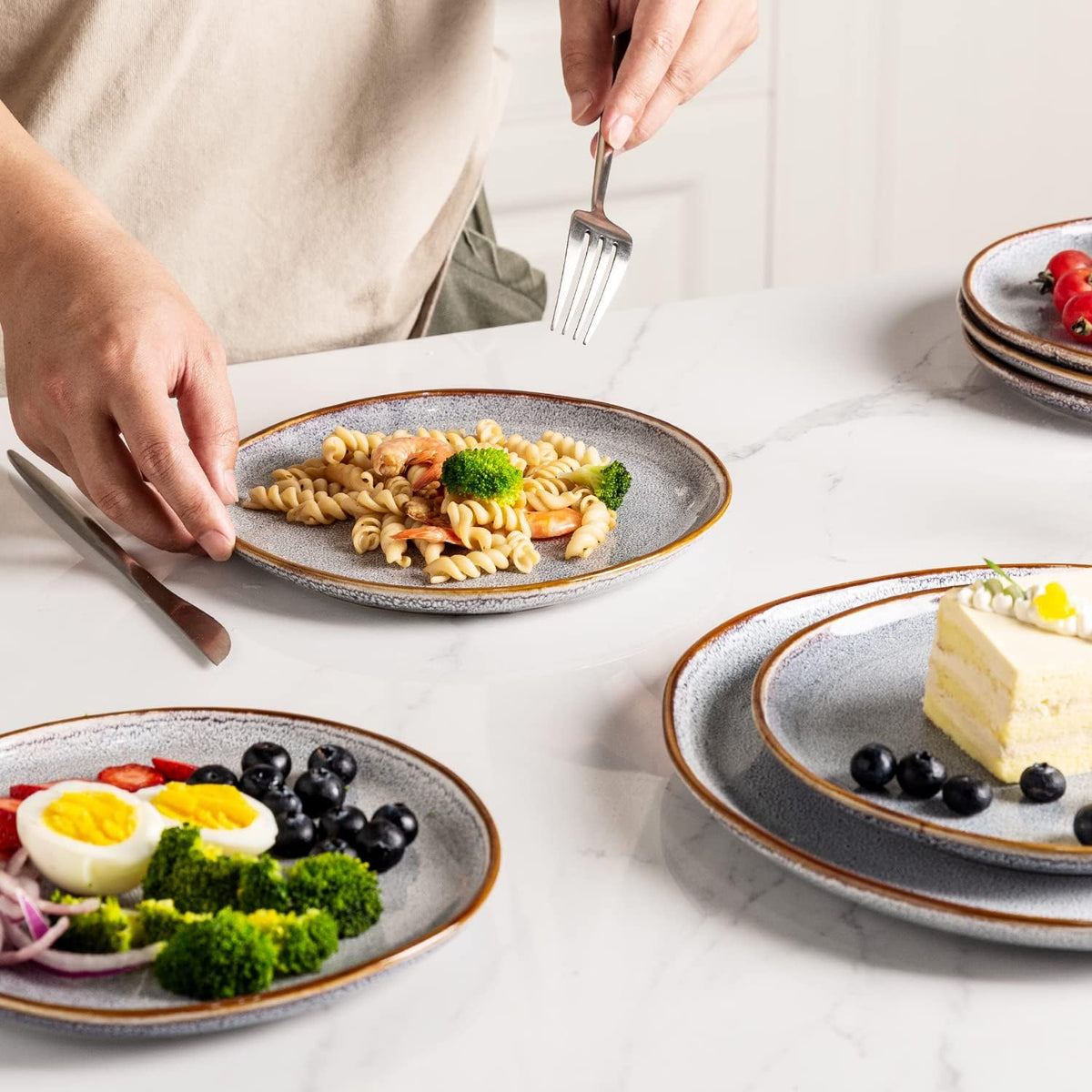 AmorArc Ceramic Plates Set of 6, 8.5 Inch Handmade Reactive Glaze Stoneware Plates set for Dessert, Salad, Appetizer, Small Dinner Plates, Microwave&Dishwasher Safe, Scratch Resistant - Blue