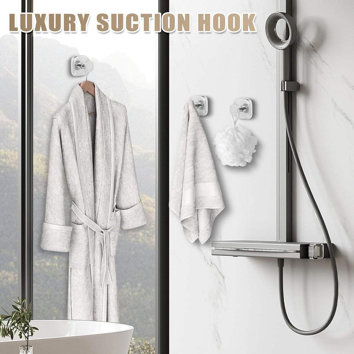 No-Drill Reusable Suction Cup Hooks, Towel, Robe, Loofah, Coat Hook for Glass, Mirror, Tile, Shower, Bathroom, Kitchen & Metal (Smooth, Non-Porous Surfaces) (4, Chrome Polished)