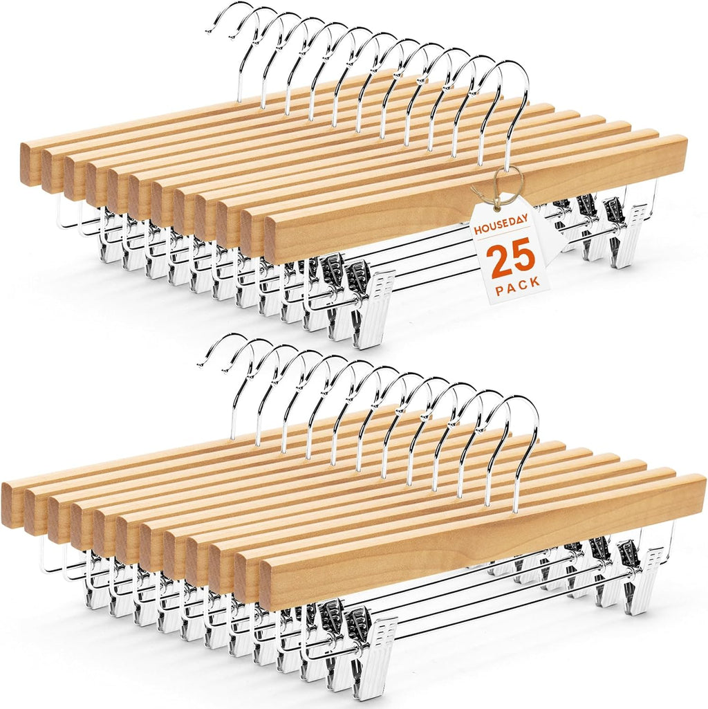 HOUSE DAY Premium Wooden Pants Hangers 25 Pack, Solid Lotus Wood Skirt Hangers with 2-Adjustable Clips, Heavy Duty & Anti Slip Wood Bottom Hanger for Slacks, Jeans, Trousers, Shorts (Natural)