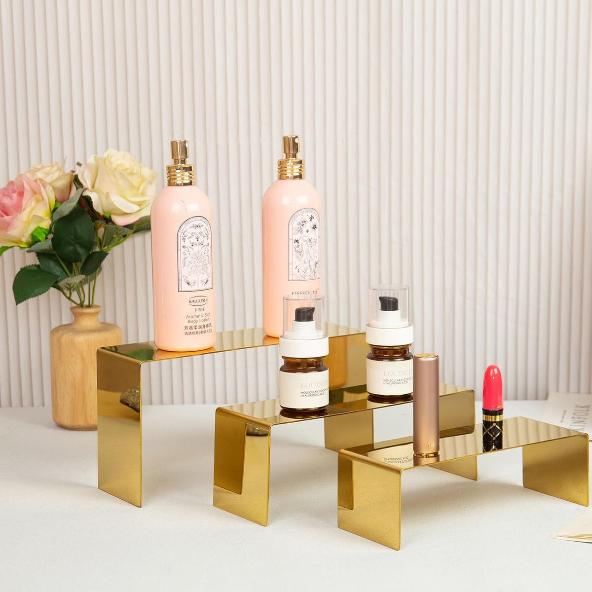 Purse Display Stand, 3 Gold Risers Display Stands Stainless Steel, Heavy Duty Countertop Shoes Stand Handbag Holder Risers for Home Boutique Retail Store Vendor Display Bags Perfume Jewelry Craft