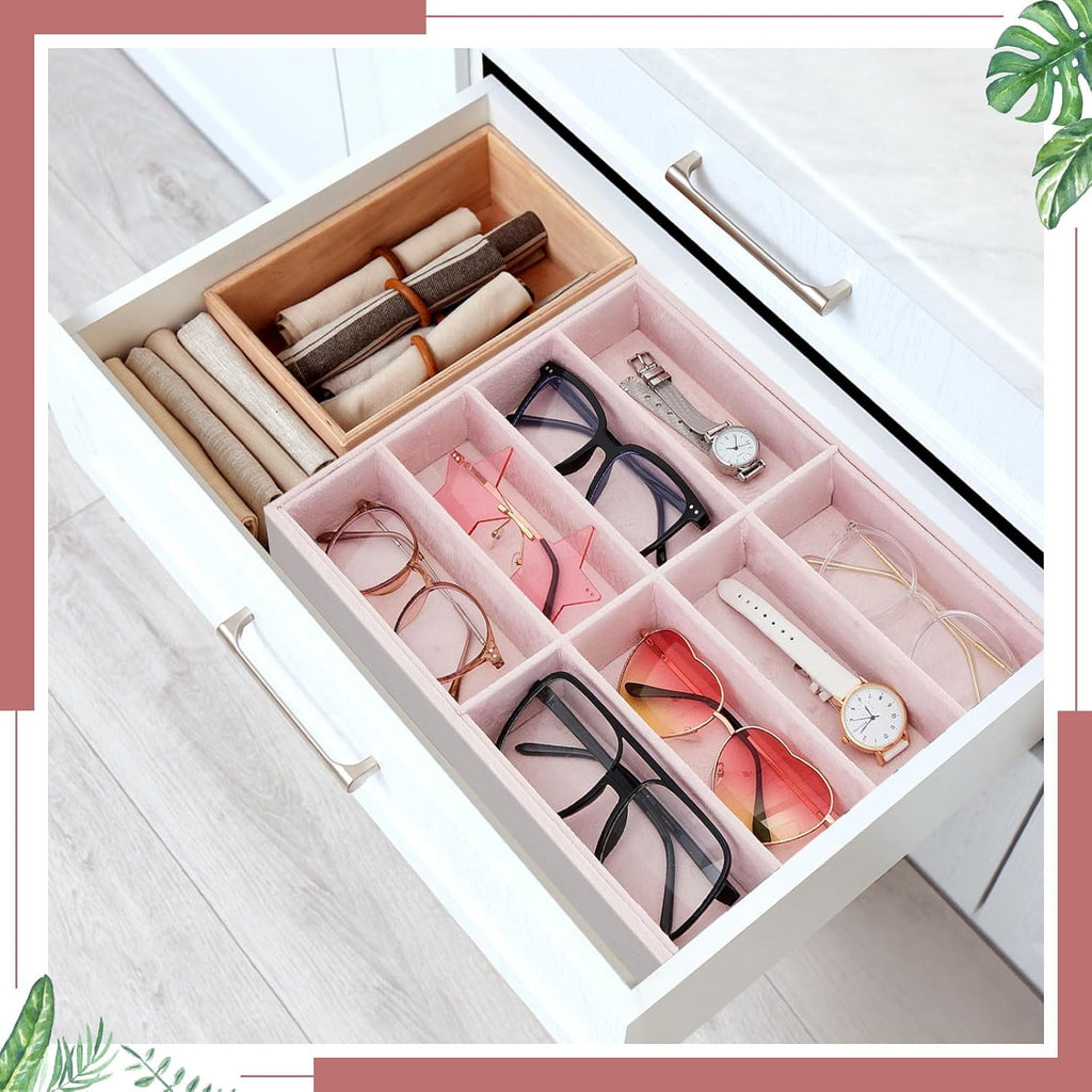 Amylove 2 Pcs Sunglass Organizer Trays Glasses Stackable Jewelry Trays Sunglass Organizer Display Box(8 Grids,Pink)