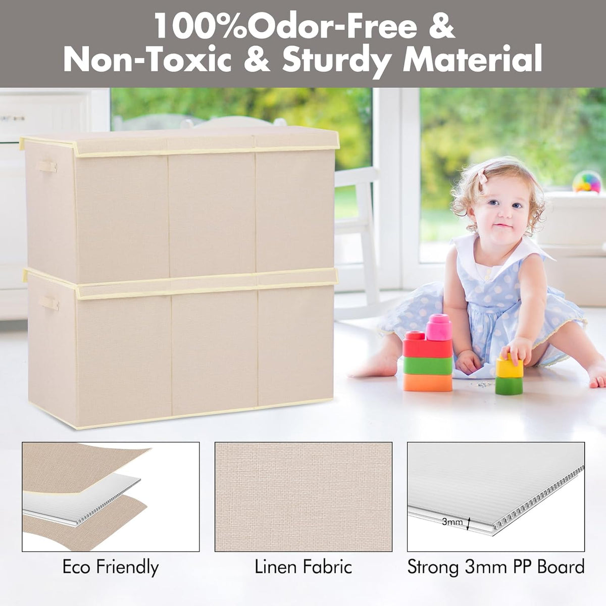 Extra Large Toy Box 167L, Sturdy Toy Storage Chest Organizer Bin Baskets with 2 Removable Divider for Boys, Girls, Kids, Nursery, Bedroom, Playroom, 35.5"x17" x17" (Linen Beige)
