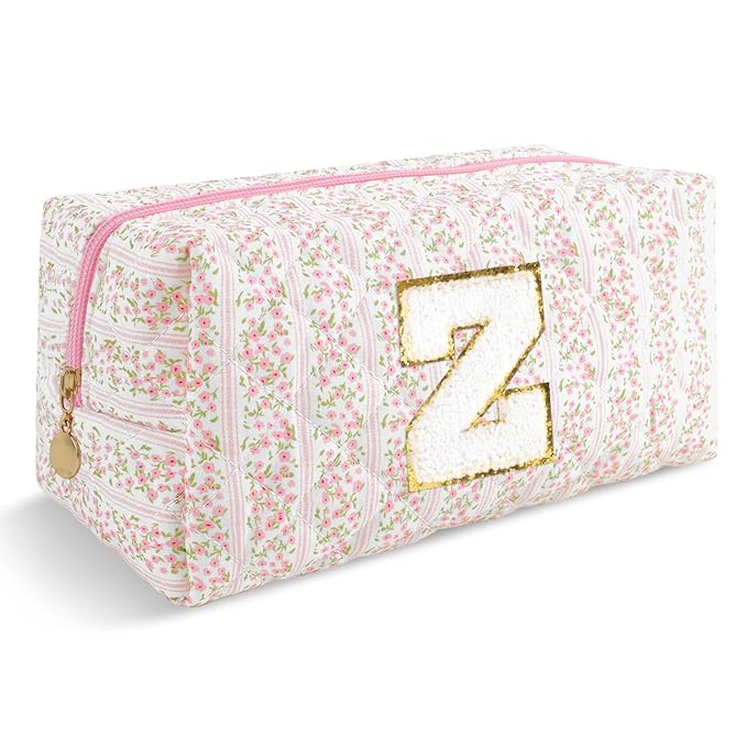 Personalized Quilted Cosmetic Bag, Puffy Monogrammed Christmas Birthday Gifts for Women & Girls, Cute initial Floral Makeup Bag Puffer Coquette Bag, Aesthetic Travel Toiletry Zipper Pouch(Pink,Z)