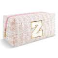 Personalized Quilted Cosmetic Bag, Puffy Monogrammed Christmas Birthday Gifts for Women & Girls, Cute initial Floral Makeup Bag Puffer Coquette Bag, Aesthetic Travel Toiletry Zipper Pouch(Pink,Z)