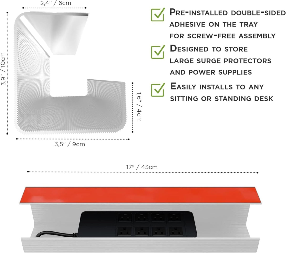 No-Screw Under Desk Cable Management Tray - Self-Adhesive Installation, Cord Management, Cable Tray, Under Desk Wire Organizer - White Single Tray