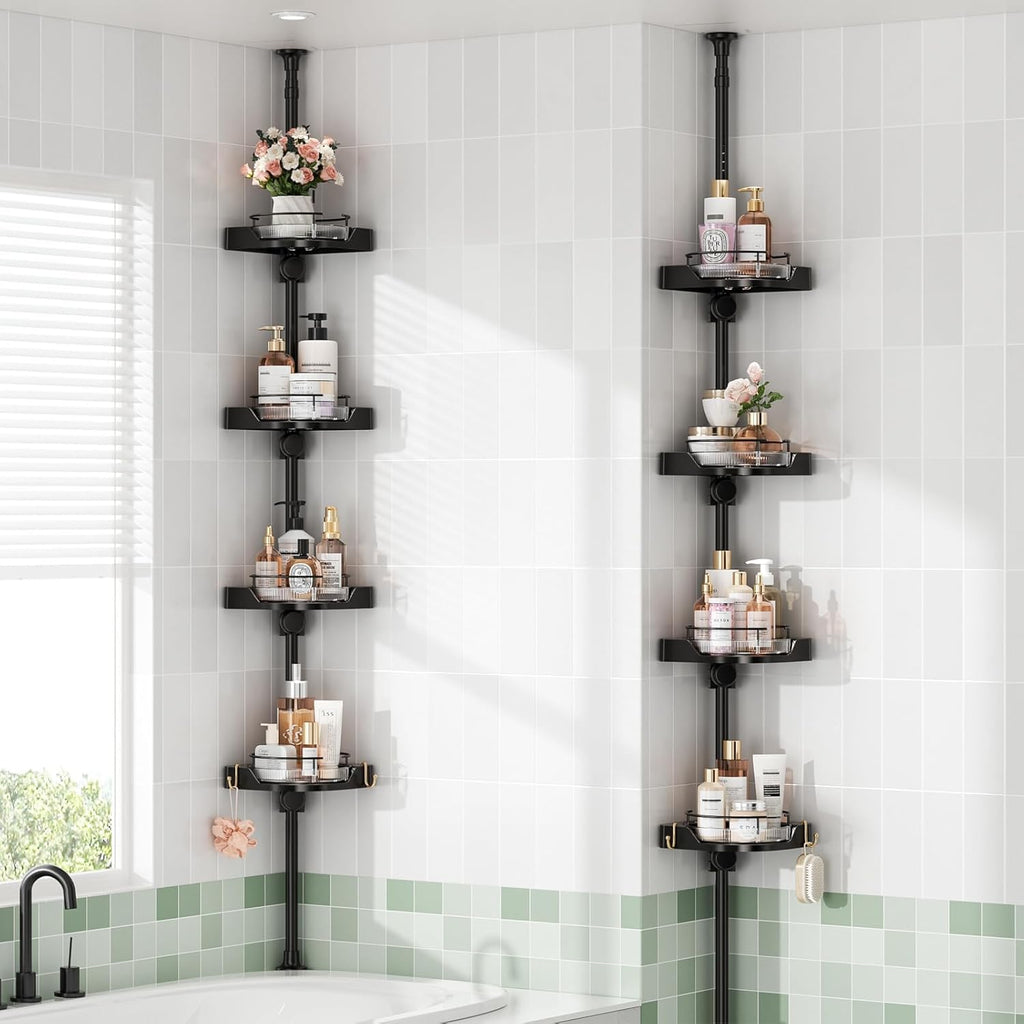 360° Rotating Corner Shower Caddy Tension Pole Organizer - 4-Tier Adjustable Rustproof Metal Pole, Plastic Shelves with Safety Guardrail, Bathroom Storage for Shower & Bathtub(Black)