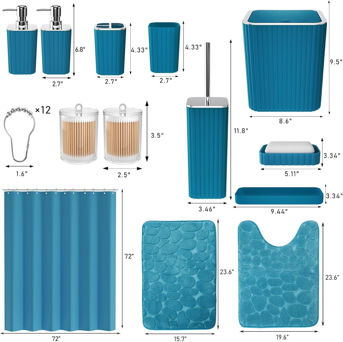 Bathroom Set with Shower Curtain and Rugs- 25PC Teal Bathroom Set, Bathroom Accessories Set, Shower Curtain Set, Trash Can, Qtip Holder Dispenser & Soap Dispenser
