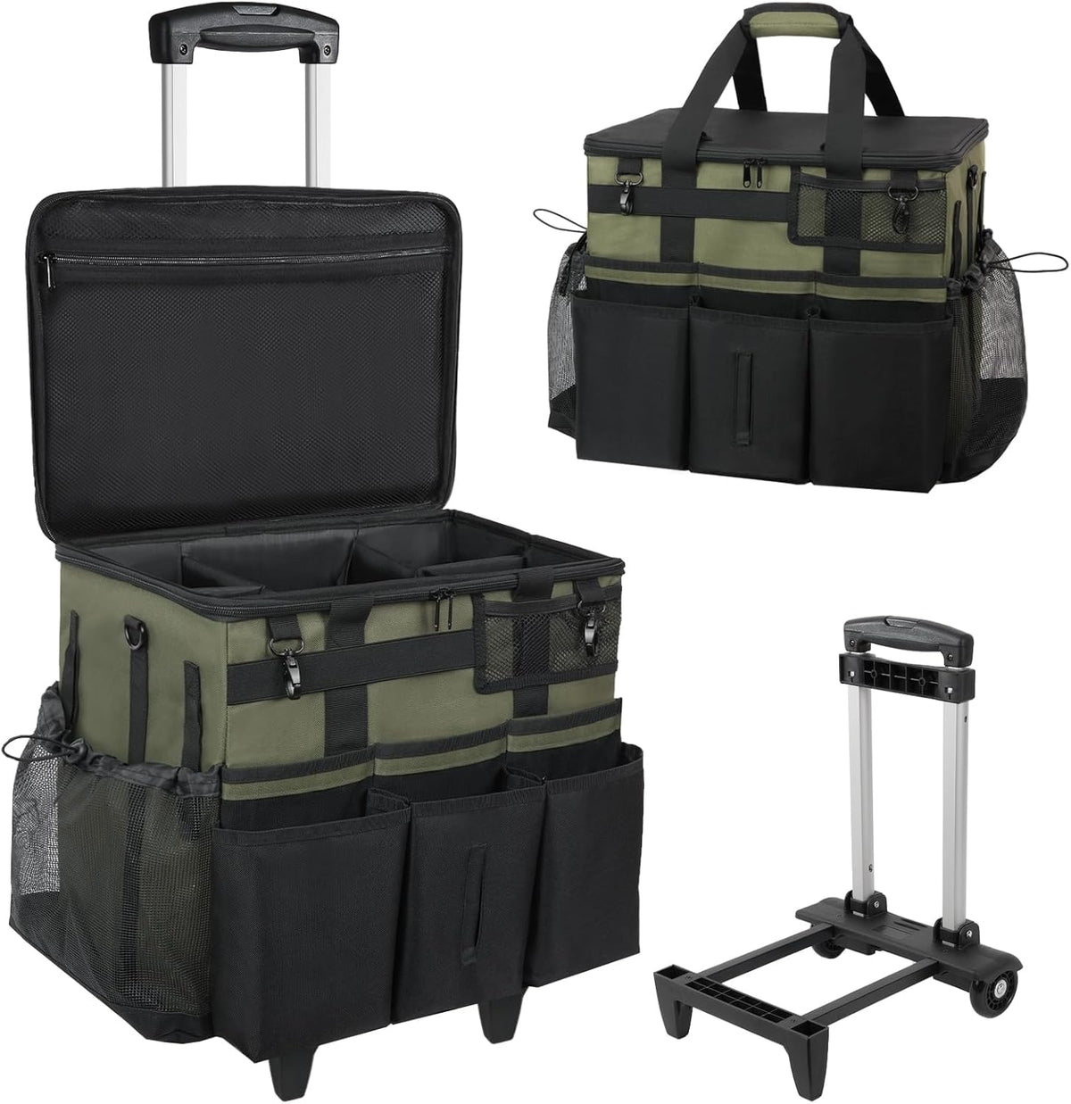 Rolling Cleaning Caddy Bag with Detachable Trolley, Large Cleaning Supplies Organizer with Wheels, Multi-Pocket Cleaning Cart with Adjustable Shoulder Strap for Housekeepers & Home Use, Armygreen