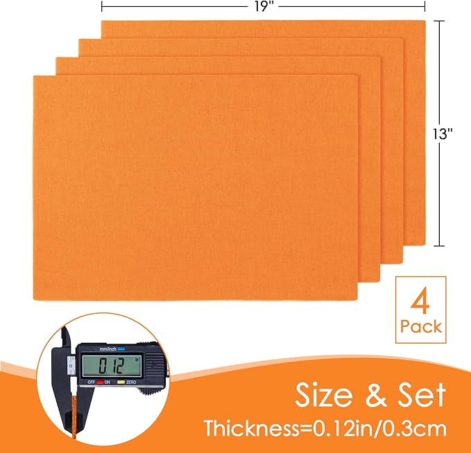 MANSPHIL Fall Orange Placemats Set of 4 Washable Fabric Table Mats Thick Faux Linen Place Mats Heat Resistant Double Layer Wrinkle Free Dining Kitchen Table Decor - 13x19 Inch Oeko Tex Placemat