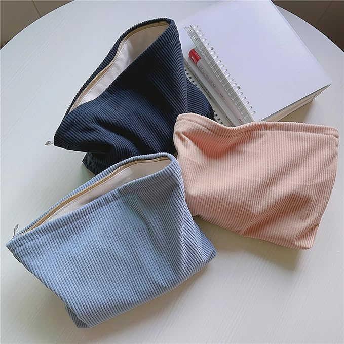 HAPPYHEIDI Large Corduroy Makeup Bag with Compartment Cosmetic Toiletry Travel Accessory Pouch Purse Organizer, Soft Misty Blue