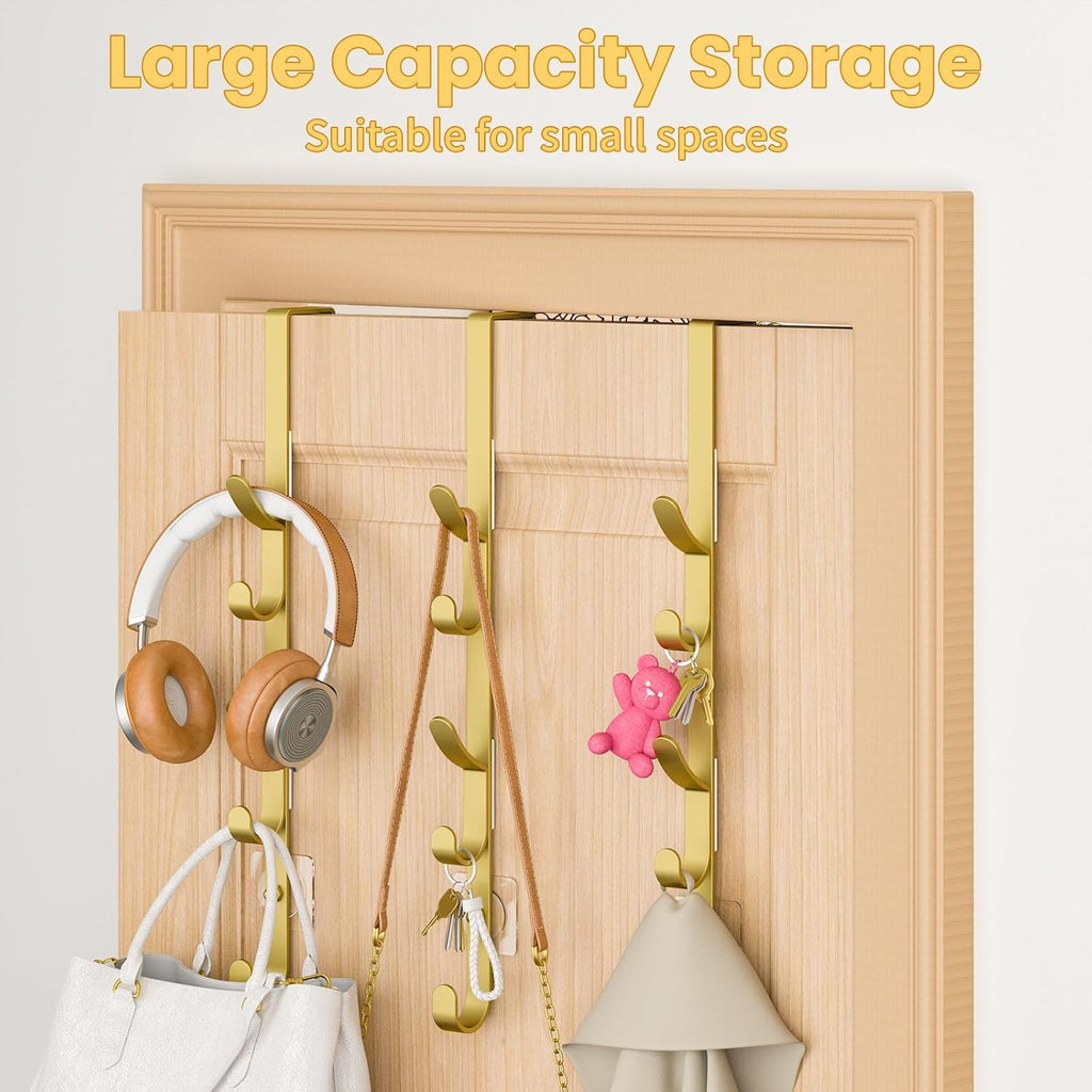 Over The Door Hooks, Metal Door Hooks for Hanging, Over The Door Purse Organizer for Door Coat Hanger, Back of Shower for Hanging Towel Rack Clothes, Hat, Bathroom, Closet (Gold-3Packs)