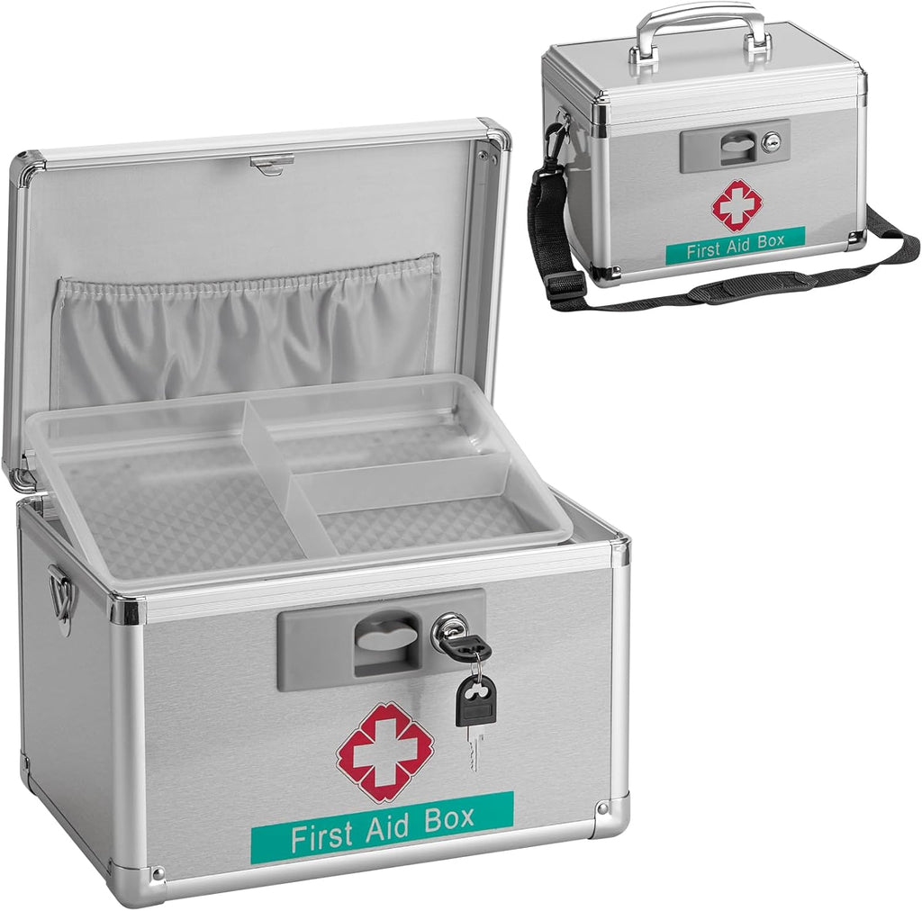 First Aid Box with Key, 11.2 x 7.6 x 7.6 Inches, Empty Lockable Medicine Storage Organizer for Home/Outdoor (Silver/Medium)