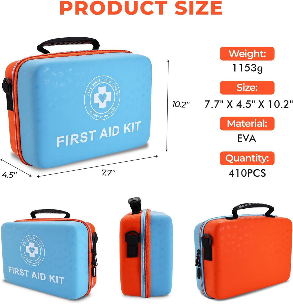 Large First Aid Kit - 410 Piece Dual-Color Emergency Kit with Hard Shell & Fluorescent Interior Coating, Professional Survival Kit for Home, Car, Travel, Hiking & Outdoor(Blue/Orange)