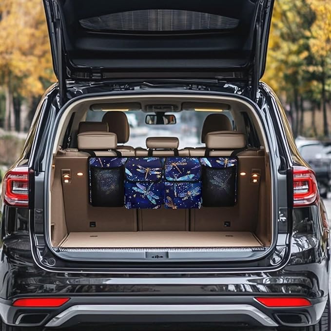 Dragonfly Car Trunk Organizer and Storage, Backseat Hanging Organizer for SUV, Truck, Waterproof Cargo Storage Bag with 4 Pockets, Car Interior Accessories for Men Women