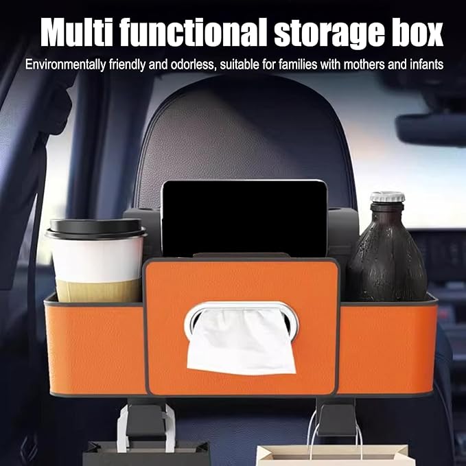Car Back Seat Organizer with Hooks & Tissue Dispenser – Faux Leather Storage Box with Cup Holders, Multi-Compartment for Sunglasses & Chargers, Compatible with Most Seat Beige 2pcs
