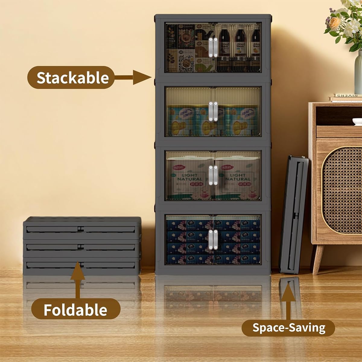 Stackable Storage Bins,164GAL Foldable Cabinet Storage Bins with Lid and Door, Collapsible Plastic Closet Organizers, Folding Multi-Use Containers for Home, Pantry, Office (L, Gray 5-Tier)