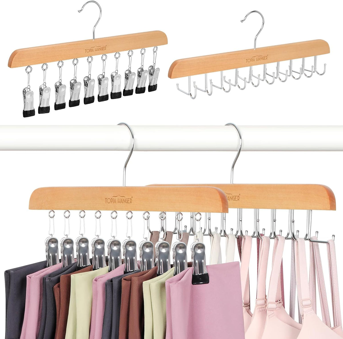 TOPIA HANGER 2 Pack Bra Hanger with 2 Pack Leggings Organizer, 2-in-1 Space Saving Hangers Neatly Store Max 40 Bras and 20 Leggings, Pants Jeans Shorts Skirt Tank Top Hanger for Closet Natural CT77N
