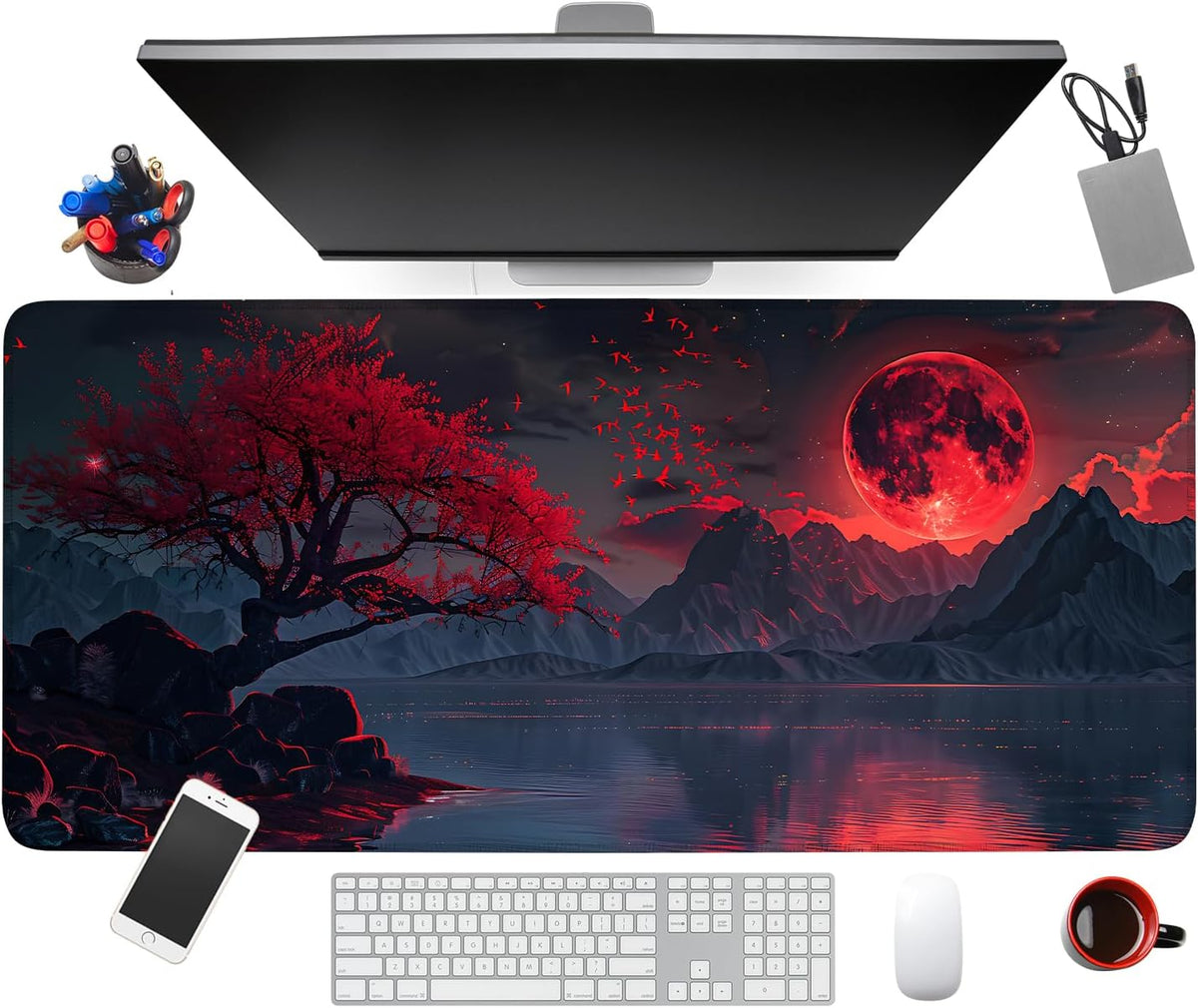 Large Mouse Pad, Red Moon Landscape Desk Mat, Extended Gaming Mouse Pad with Non-Slip Rubber Base, Thick 3mm Smooth Surface Keyboard Mat for Office & Home,35.5 x 15.8 in