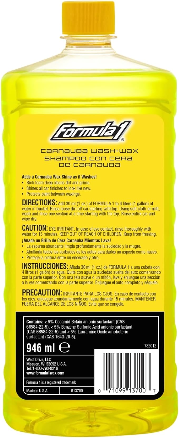 Formula 1 Car Wash and Carnauba Wax, 2-in-1 Car Cleaning Soap for Auto Detailing, Removes Tough Dirt and Leaves a Brilliant Shine (32 ounces)