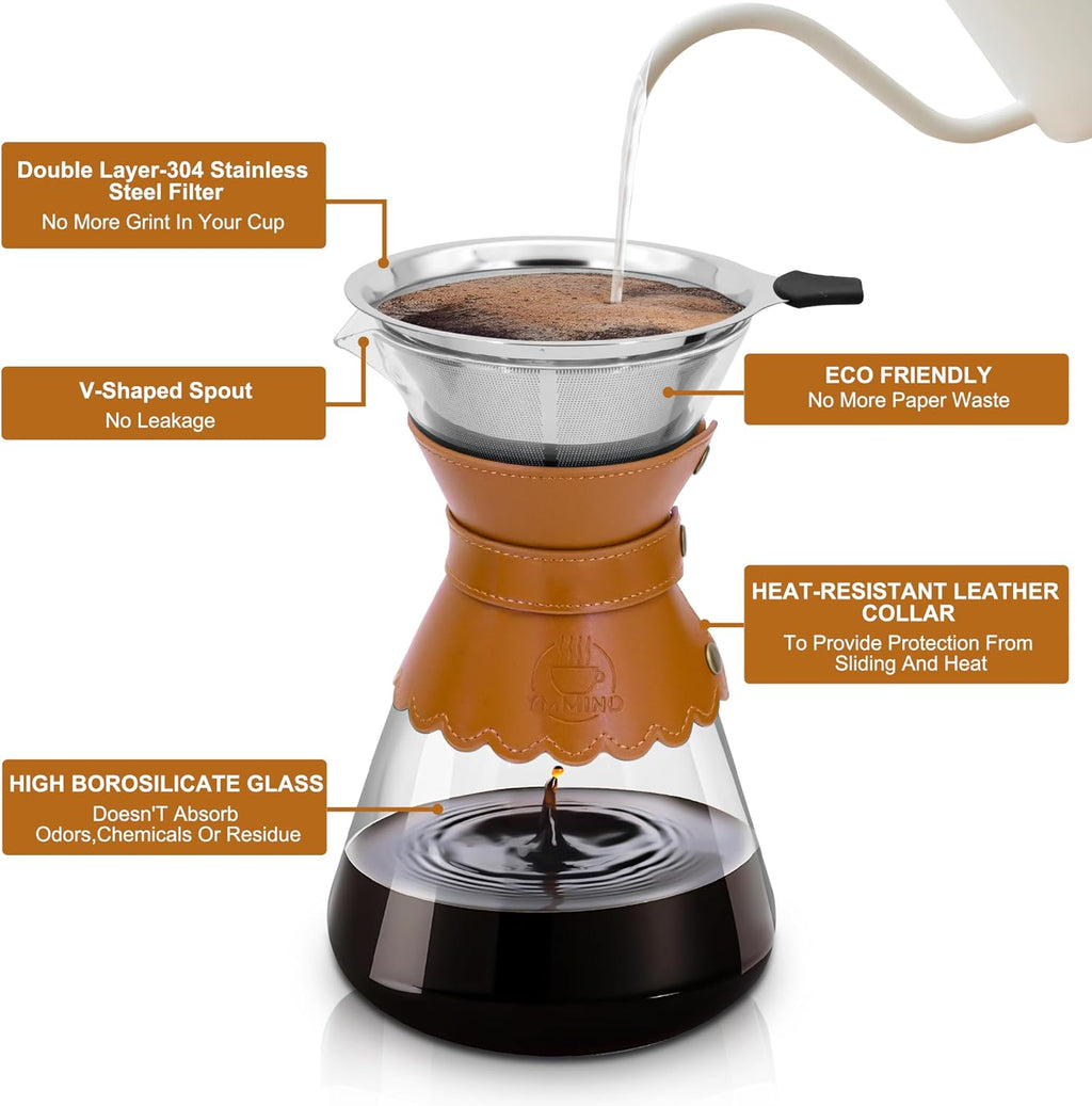 34oz Pour Over Coffee Maker with Double Layer Stainless Steel Filter, Borosilicate Glass Dripper, Detachable Heat-Resistant Leather Pad 7-8 Cups Coffee Maker Carafe（Light brown）