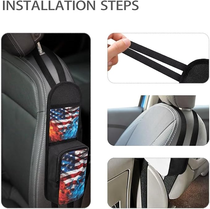American Flag Auto Seat Side Storage Bag Organizer Fire Flame Car Seat Storage Bag with Zipper Patriotic Car Interior Accessories for Women Men
