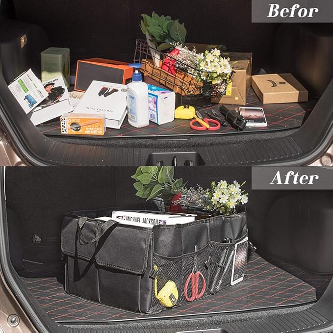 JiatuA Car Trunk Backseat Organizer for SUV, 8 Pocket Waterproof, Dust-proof, Sturdy Foldable Cargo Net Storage for More Trunk Space with Adjustable Straps, Black