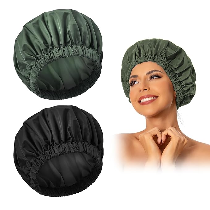 Reusable Shower Cap for Women, Large Waterproof Shower Bonnet Washable Elastic Band Bath Accessories Hair Hat for Long Hair, Braids(Black&Green)