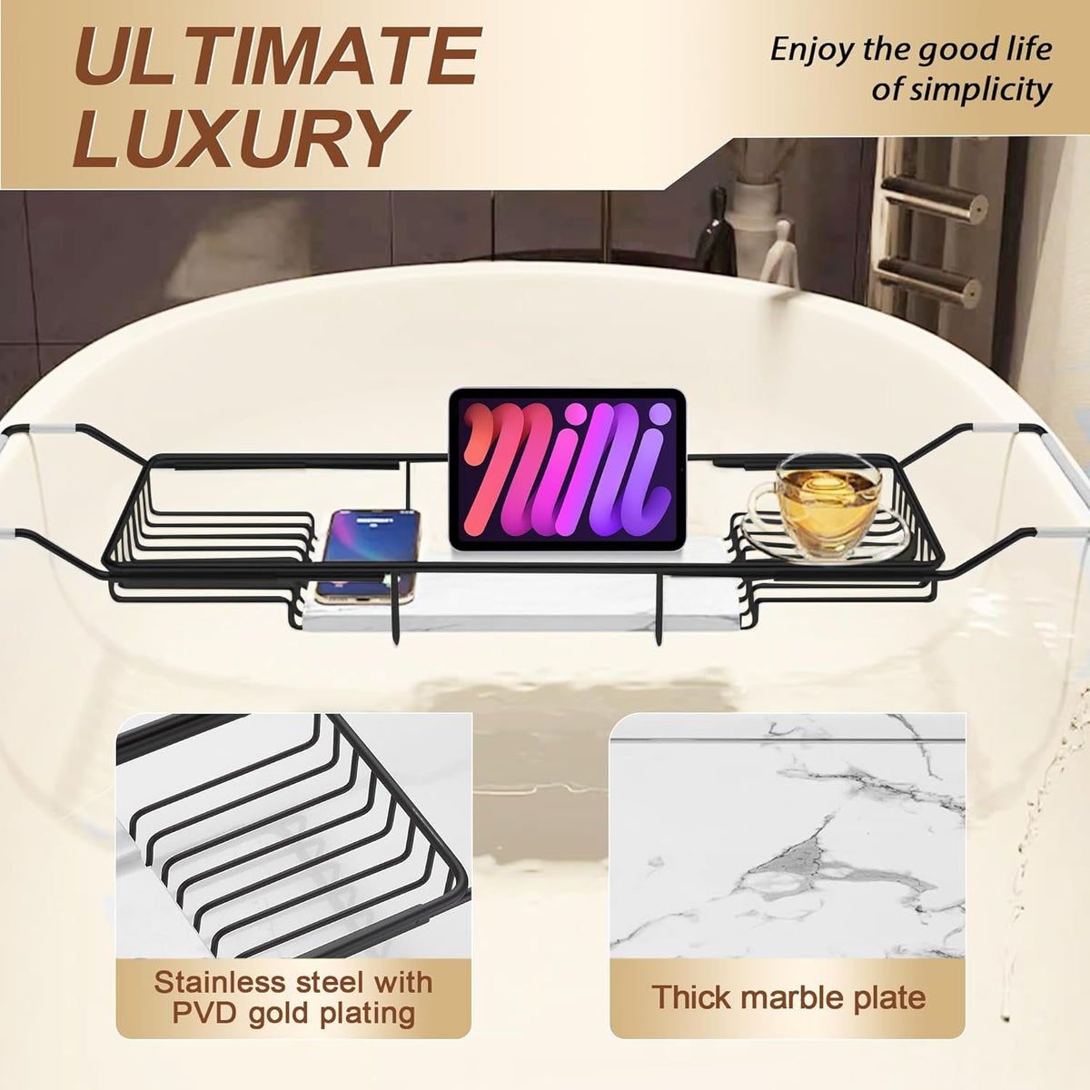 BVL Bathtub Tray Stainless Steel with Marble Base Matte Black Bathtub Tray with White Marble Base Adjustable & Rustproof Bath Caddy for Spa, Relaxation, Bath Bombs