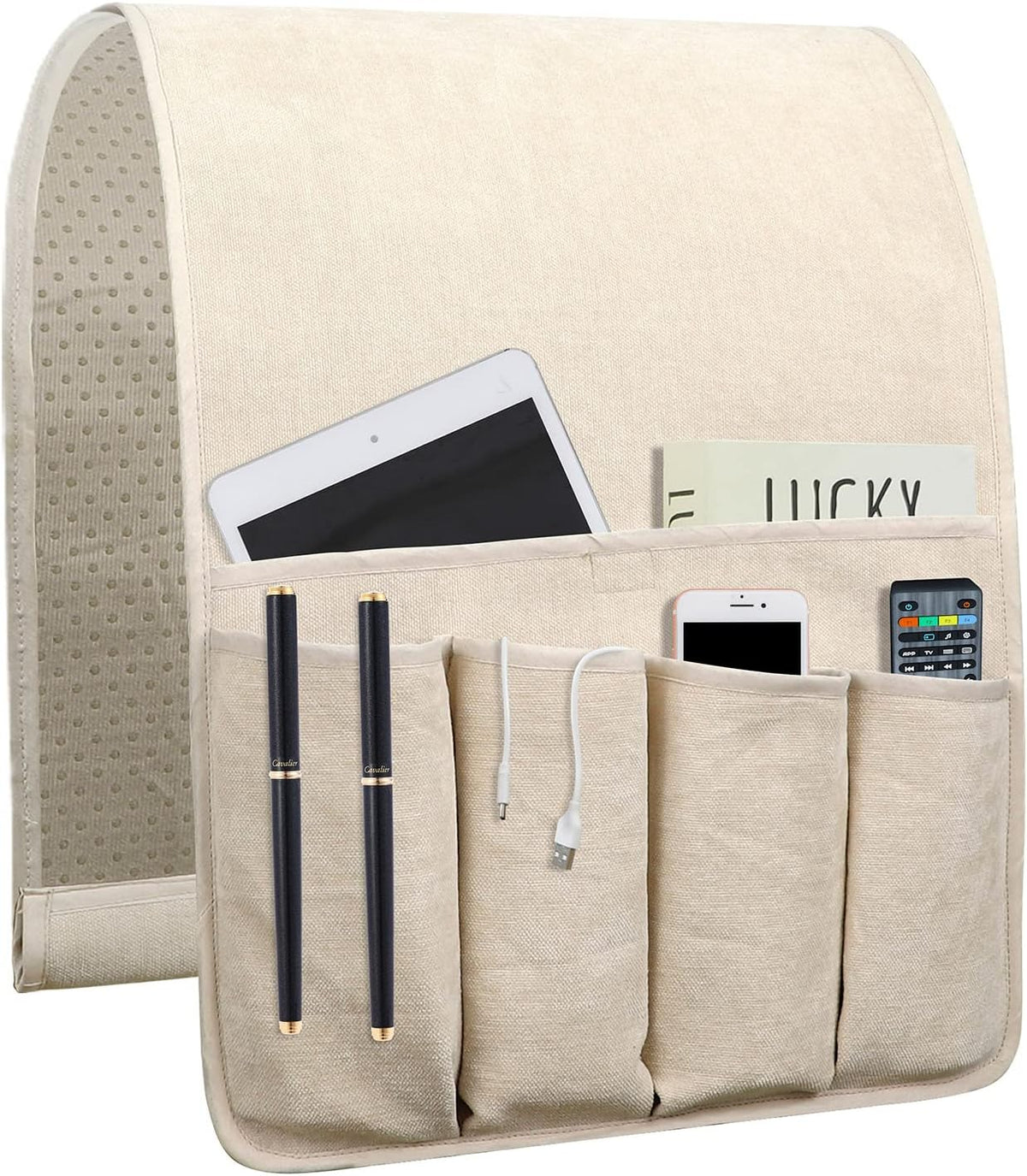 NB Sofa Armrest Organize remote holder bedside caddy organizer with 5 pockets，non-slip couch remote control holder couch armchair caddy accessories (Beige, 35"x12.4")