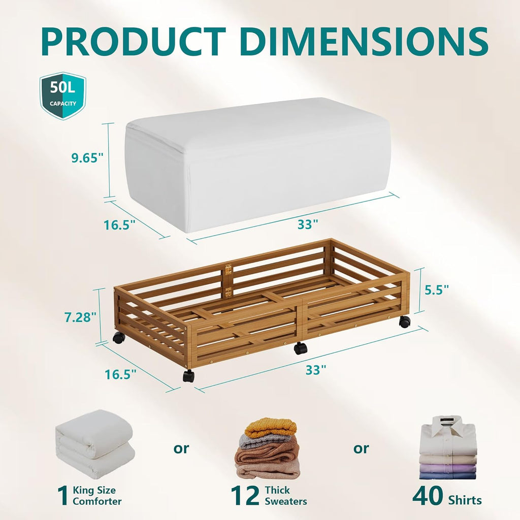 Wisuce Bamboo Under Bed Storage Containers- Underbed Organizer with Wheels with Large Dust Bag,Sturdy Wood Rolling Under the Bed Shoe Storage Organizer Drawer 2 Packs (Walnut, Long)