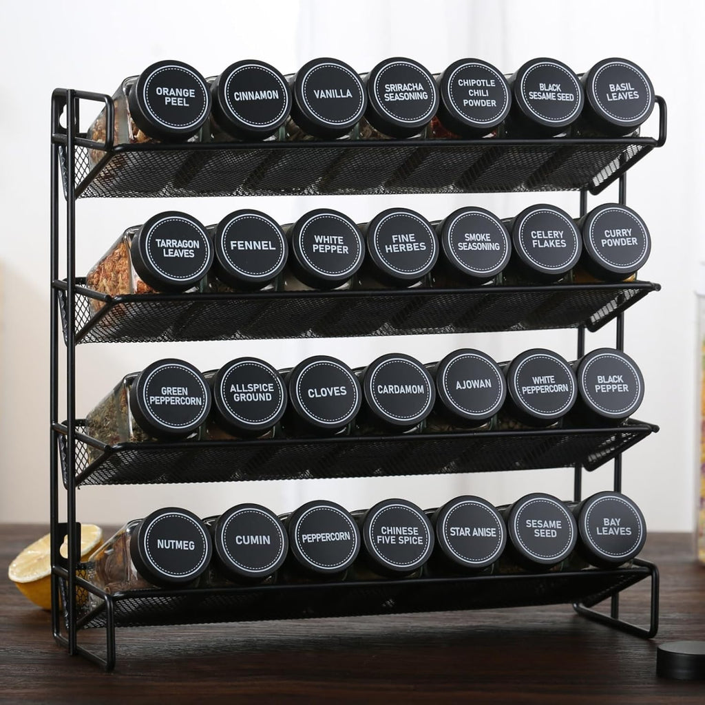 24Pcs Spice Jars Containers with Labels，4oz Black Seasoning Bottles with Shaker Lids for Rack, Cabinet, Drawer,Empty Square Condiment Pots (24, Black)