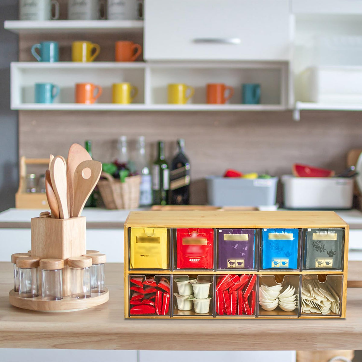 TIMIEEYA Tea Bag Organizer - Bamboo Tea Storage Organizer With Drawer 2 Layer, Tea Organizer for Tea Bags Natural Wood & Acrylic for Countertop Office Kitchen Cabinet Pantry