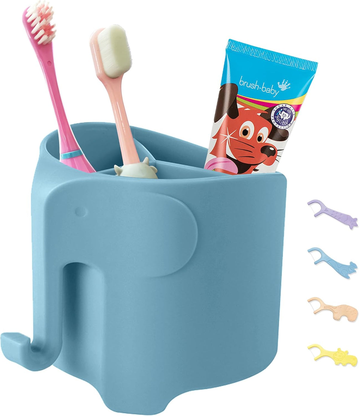 Kids Toothbrush Holder, Cute Elephant Toothbrush Holders for Toddler, Toothbrush Toothpaste Holder for Bathroom, Toothbrush Organizer with 3 Slots and a Hook, Blue