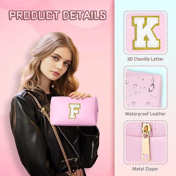 TOPEAST Gifts for Women Teen Girls, Initial Makeup Bag, Cosmetic Bag Travel Toiletry Pouch (Pink K)
