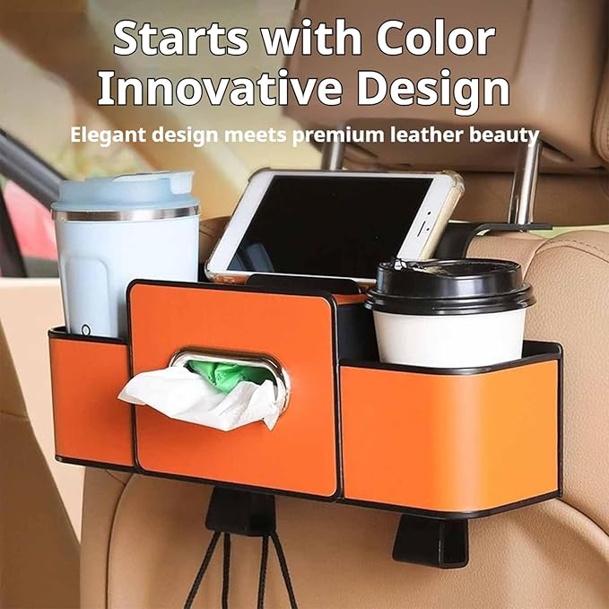 Car Organizers and Storage Box Behind Seat, 2026 New Car Headrest Organizer Back Seat with Drink Cup Holder Tissue Box for Hold Phone, Snacks, Drinks, Handbag (Beige)