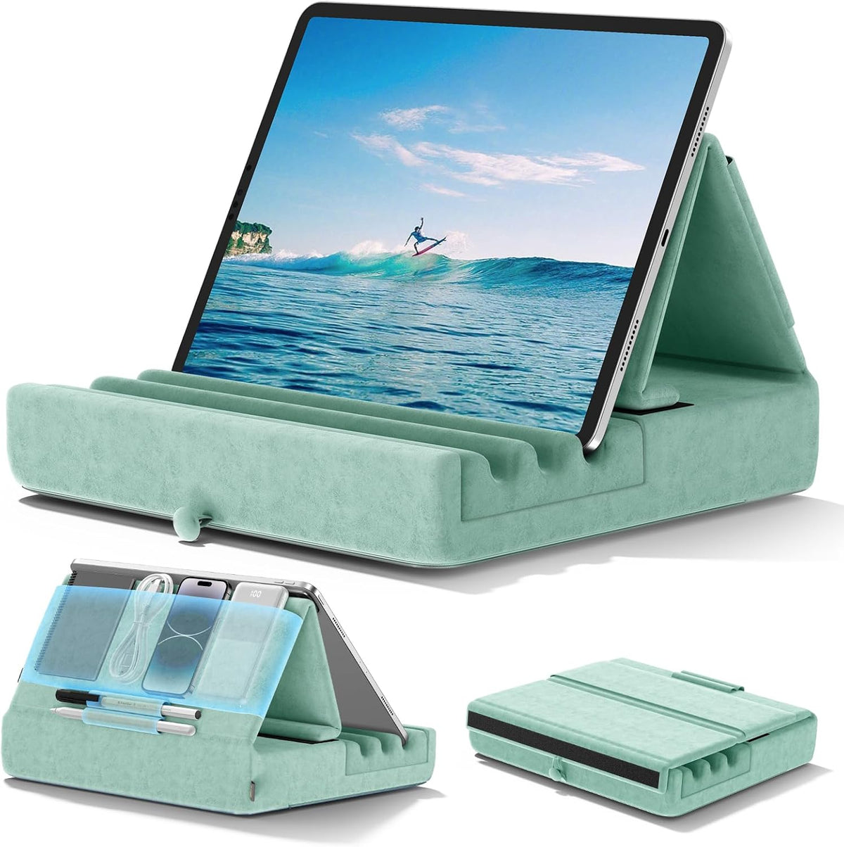 KDD Tablet Pillow Holder, Foldable iPad Stand for Lap, Bed and Desk -Tablet Soft Pad Dock with Pocket & Stylus Mount Compatible with iPad Pro 12.9, 10.5, 9.7 Air Mini 6 5 4 3, E-Reader