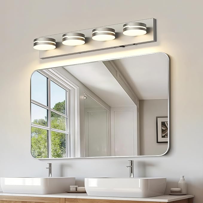 26" Motion Sensor Vanity Light Brushed Nickel, 3CCT 4-Light Modern LED Bathroom
