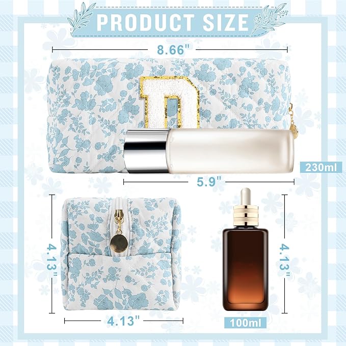 Personalized Quilted Cosmetic Bag, Puffy Monogrammed Christmas Birthday Gifts for Women & Girls, Cute initial Floral Makeup Bag Puffer Coquette Bag, Aesthetic Travel Toiletry Zipper Pouch(Blue,D)