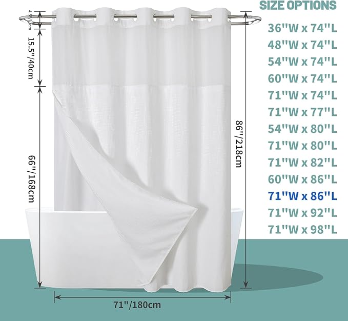 eachope White Extra Long No Hook Waffle Weave Shower Curtain with snap-in Liner Replacement, 230GSM Waterproof Fabric Hotel Shower Curtain Set for Bathroom, Through Mesh Top Window,71Wx86H